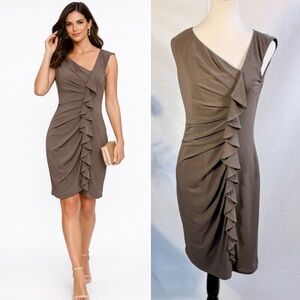 Suzi Chin for Maggy Boutique Ruched Ruffle Cocktail Sheath Dress Taupe Sz 6💛